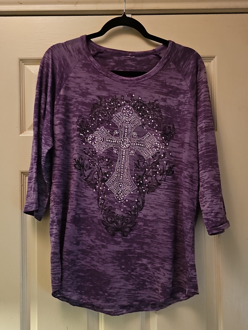 Purple Women's Embellished Cross 3/4 Sleeve Top